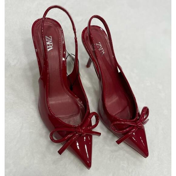 ZARA Patent Pointed Toe Slingback Heels NWT – Red Bow Pumps, Size 6.5–10 - Picture 13 of 16